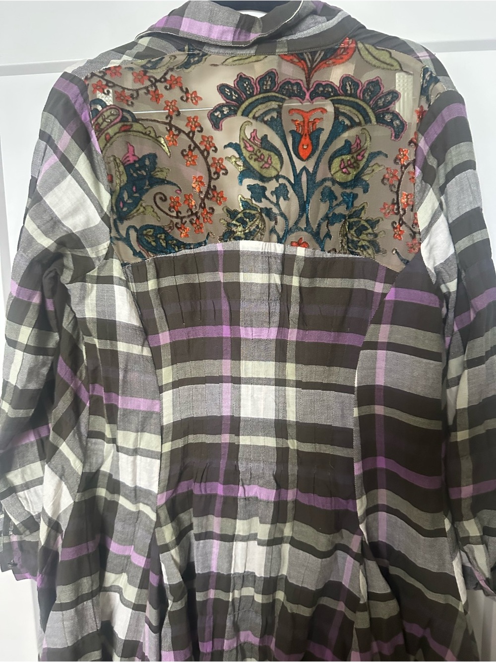 Aratta Plaid Tunic with Embroidered Yoke - Purple, Gray, Brown